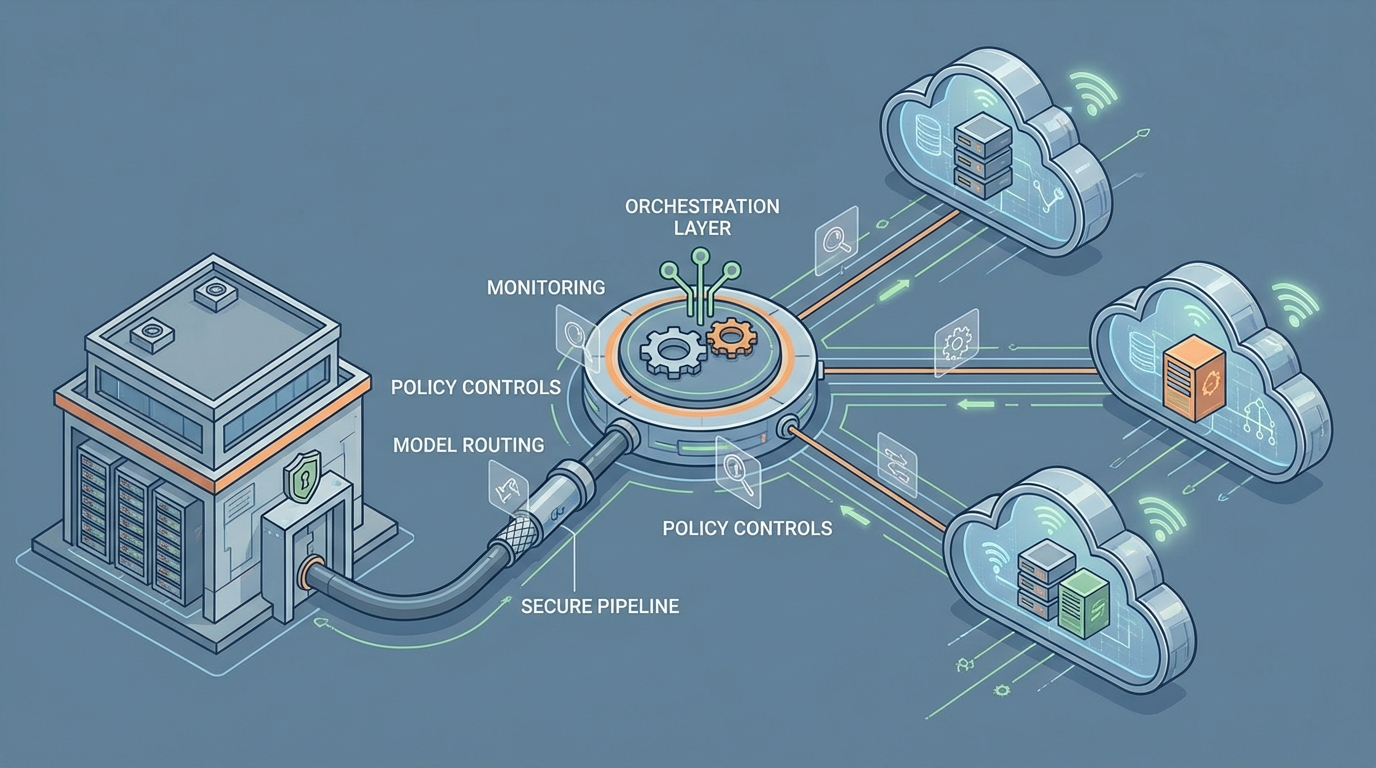 Hybrid and multi-cloud AI architecture integrating several AI platforms.