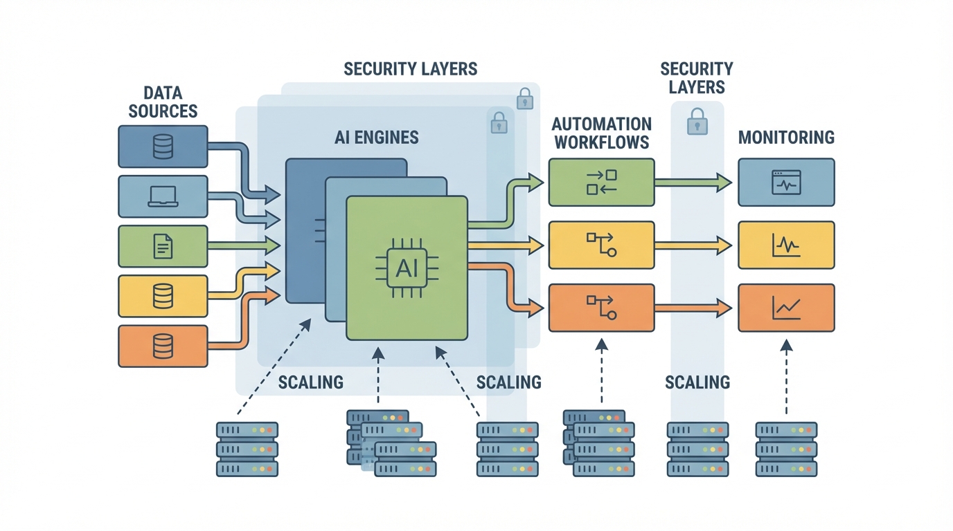 Architecture concept for an enterprise AI automation platform with security and monitoring layers.