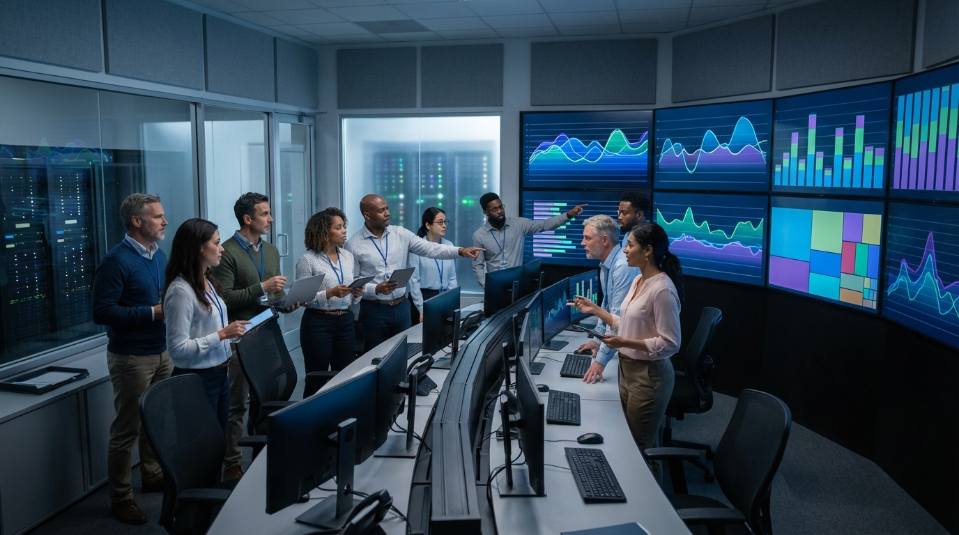 Enterprise team monitoring AI platforms, performance, and cost metrics.