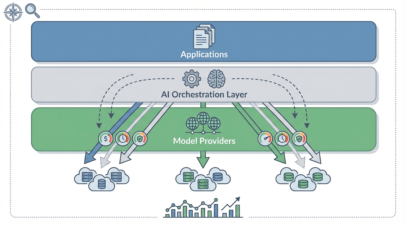 Diagram of an enterprise multi-model cost-optimization and routing framework.