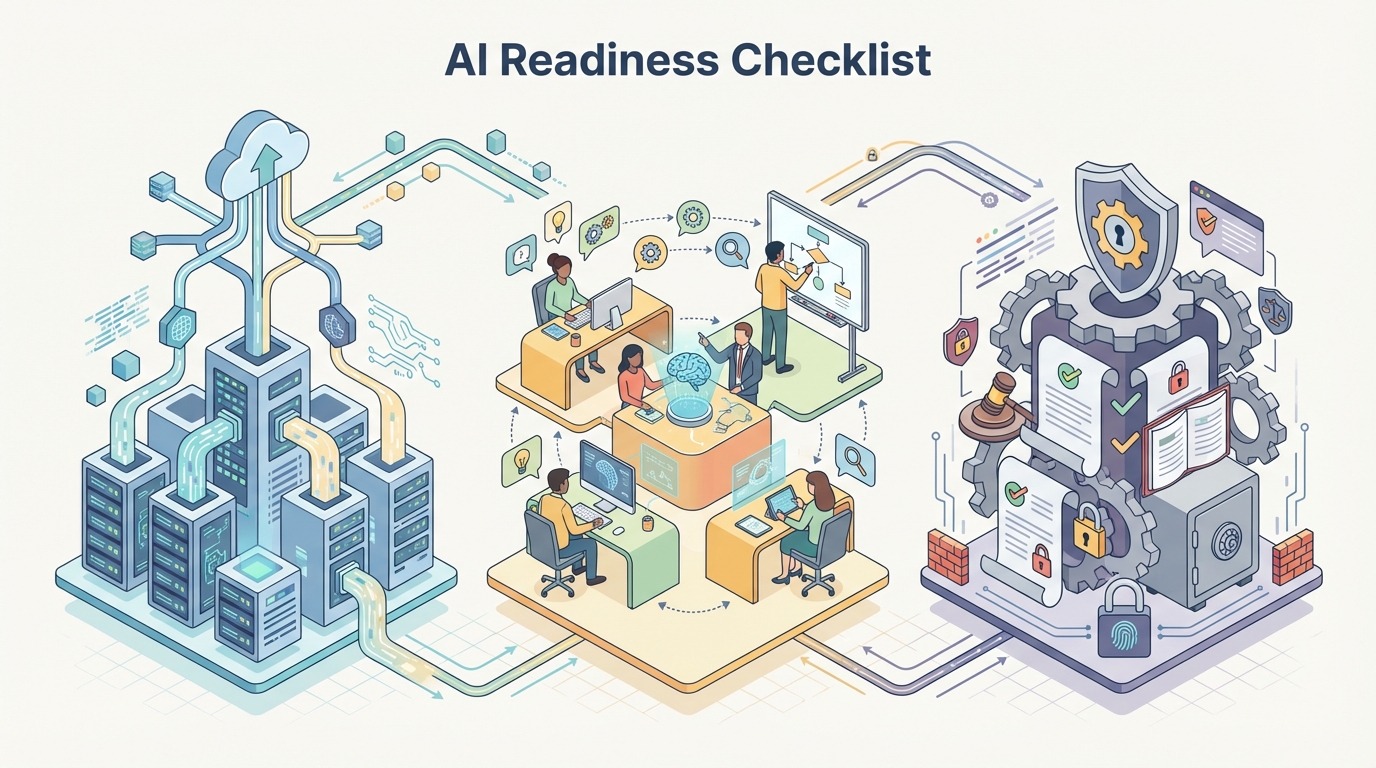 Diagram of the core pillars of enterprise AI readiness: data, skills, and governance.