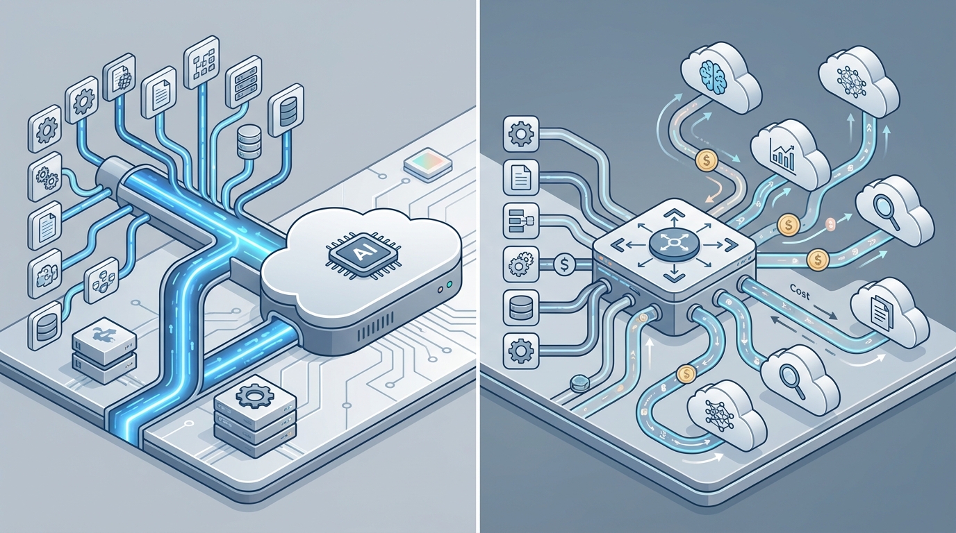Conceptual comparison of single-provider vs multi-model AI platform architectures for enterprises.