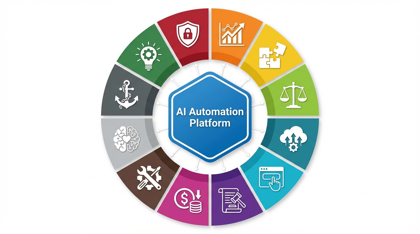 Diagrammatic representation of the 12 core evaluation dimensions for AI automation platforms.